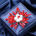 Red Beaded Flower Burst Brooch With White Pearl Center view 3