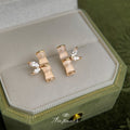Gold Glass Cats Eye Bamboo Segment Stud Earrings CZ Leaves view 4