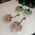 Fan Shaped Crystal Drop Earrings in Pink and Green view 1