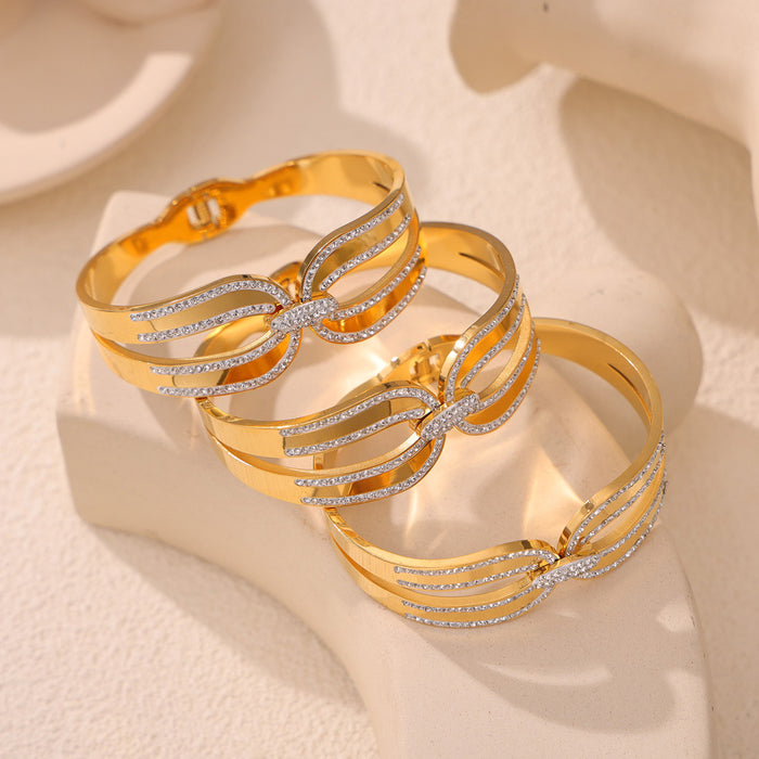 Gold Titanium Steel Cuff Bangle Bow Geometric Czech Crystal