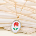 Gold Tone Oval Enamel Rose Crystal Halo Pendant Necklaces in Two Colors view 5