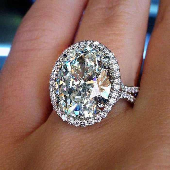 Silver Tone Large Oval Clear Crystal Halo Ring Sizes 6-10