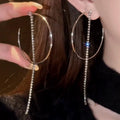 Silver Tone Open Hoop Earrings with Long Crystal Chain Tassels view 3