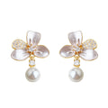 Gold Tone Translucent White Flower Pearl Drop Stud Earrings view 5