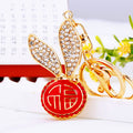 Jeweled Long Ear Rabbit Fortune Medallion Keychains in Three Colors view 7