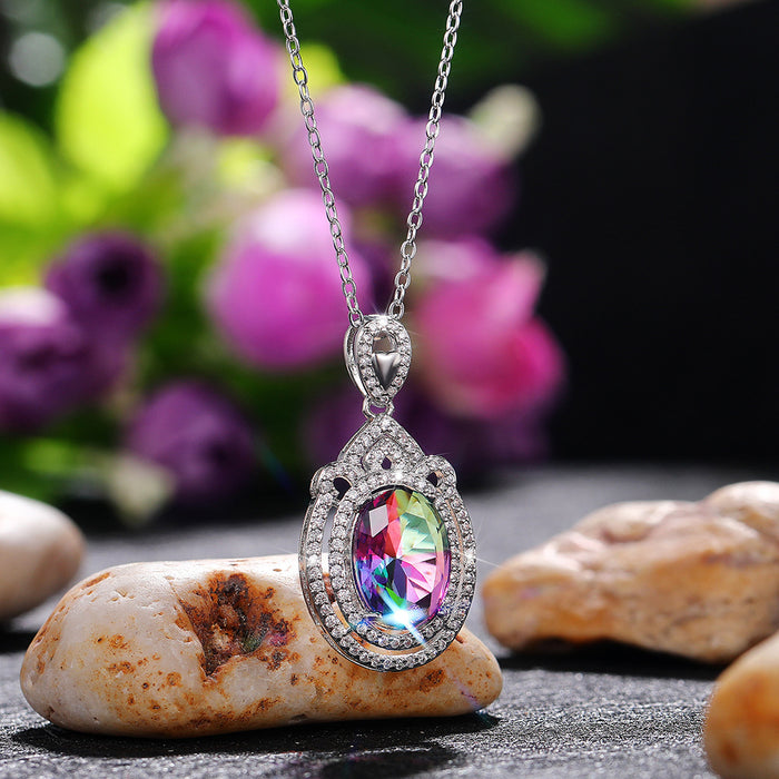 Oval Rainbow Gradient Stone Pendant Necklace in Silver Tone