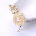 Gold Mesh Rose Brooch Pearl Center Crystal Leaf Stem view 6