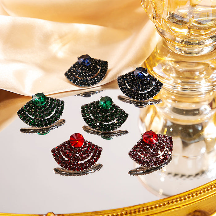 Dark Metal Fan Multi Row Crystal Stud Earrings Three Colors