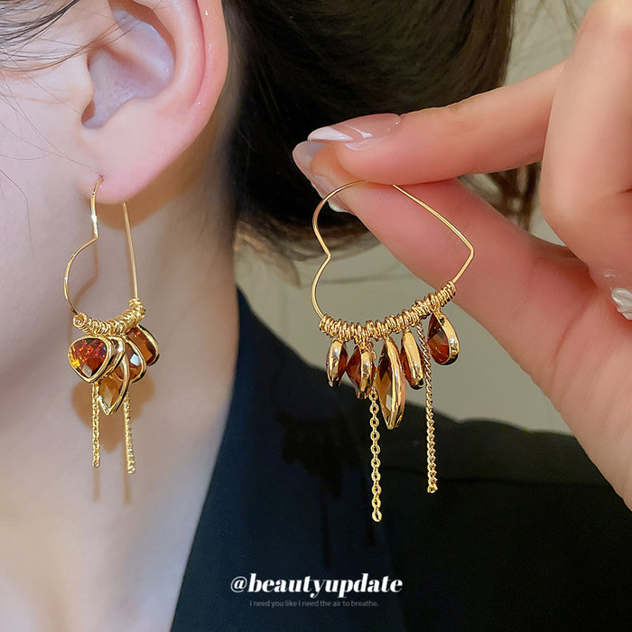 Gold Tone Heart Hoop Earrings with Brown Crystal Fringe