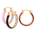 Gold Enamel Hoop Earrings Inner Rhinestone Line Five Colors view 5