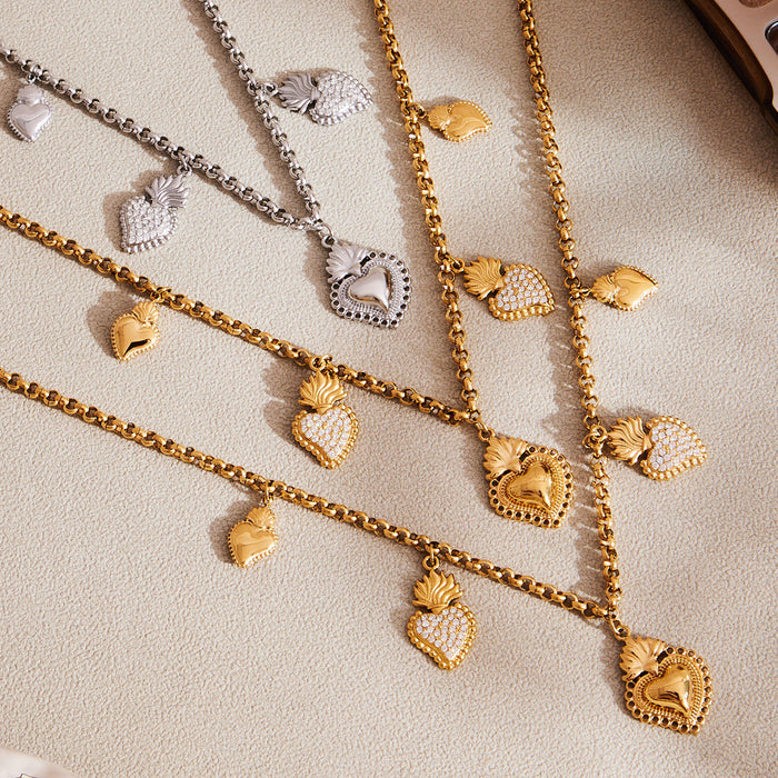 Gold Steel Heart Celestial Multi Charm Necklace Bracelet Set