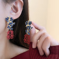Blue Floral Red Double Happiness Long Stud Earrings view 1