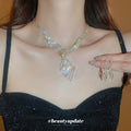 Branching Leaf Crystal Necklace And Long Earring Set In Gold Or Silver Tone view 2