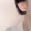 Antique Bronze Heart Stud Earrings Beaded Rim Pair view 2