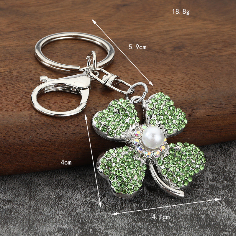 Rhinestone Pearl Four-Leaf Clover Metal Keychain Bag Charm
