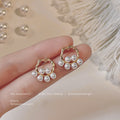 Gold Tone Irregular Round Frame And White Pearl Cluster Stud Earrings view 3