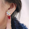 Silver Tone Yellow Clear Teardrop Flower Stud Earrings view 5