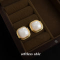 Gold Square Cream Pearl Stud Earrings Braided Frame Pair view 4