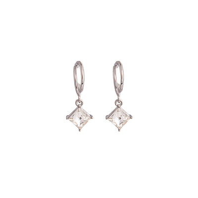 Silver huggie hoops with square clear crystal drops on plain white background