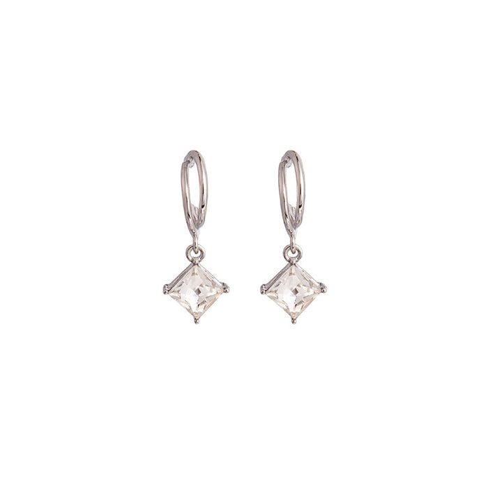 Silver Huggie Hoop Earrings Square Clear Crystal Drop