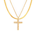 Zircon Cross Pendant Necklace Snake Chain Gold Steel Metal view 5