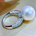 White Pearl and Crystal Pavé Open Circle Ring in Silver Tone view 2