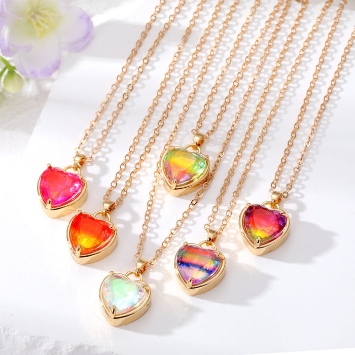 Gold Tone Iridescent Faceted Heart Pendant Necklaces in Six Colors