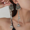 Antique Silver Floral Bell Extra Long Dangle Earrings view 8