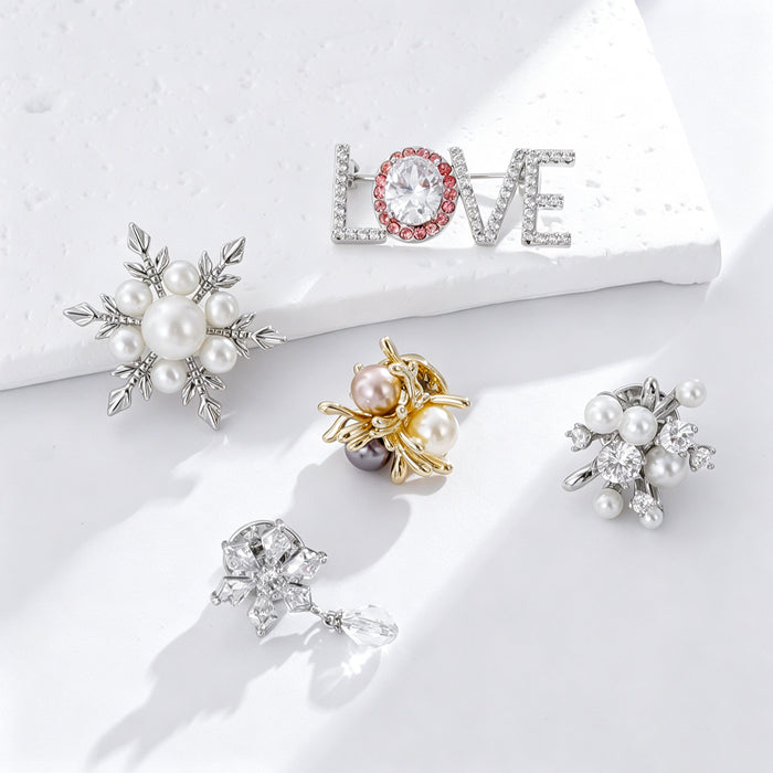 Gold Tone Silver Tone Snowflake Pearl Look Five Designs Metal Brooch Pin