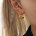 Gold Triple C-Shape Stud Earrings Layered Arc Hoop Style view 2