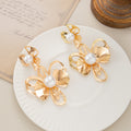 Gold Open Flower Pearl Look Center Long Stud Earrings view 2