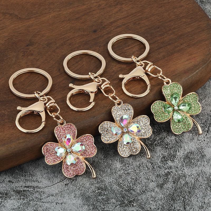 Rhinestone Clover Zinc Alloy Keychain for Bags and Keys