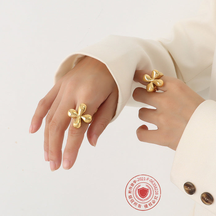 Chunky Sculptural Four-Petal Cast Rings Gold Steel Tone