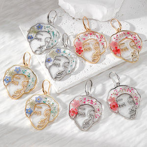 Abstract Face Drop Earrings in Resin with Pressed Flowers, Gold or Silver Tone