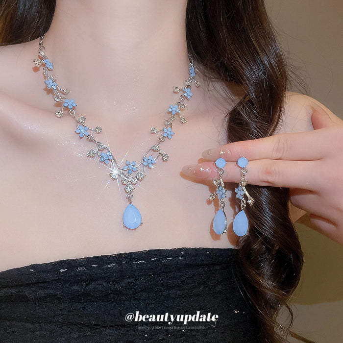 Silver Light Blue Resin Flower Teardrop Necklace Earrings Set