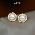 Gold Tone Large White Pearl And Small Pearl Halo Stud Earrings view 3