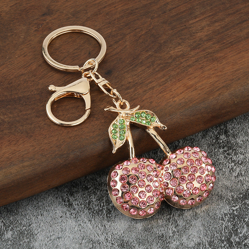 Rhinestone Cherry Keychain Metal Fruit Pendant for Bag and Car Keys