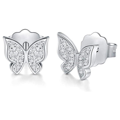 Silver butterfly clear CZ pave stud earrings front and side with butterfly back