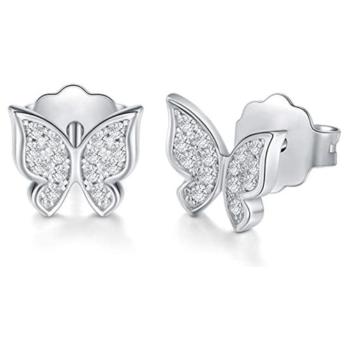 Silver butterfly clear CZ pave stud earrings front and side with butterfly back