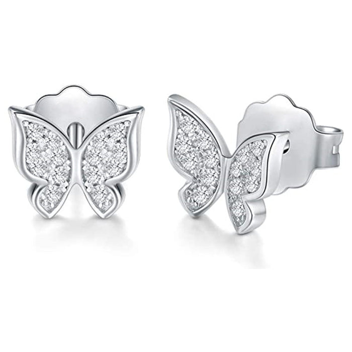 Silver Butterfly Clear CZ Pave Stud Earrings Metal