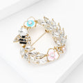 Crystal Bee and Flower Wreath Brooch with Gold Tone Leaves view 3