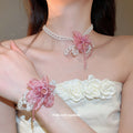 Pearl Multi Strand Bracelet and Necklace with Pink Flower view 1