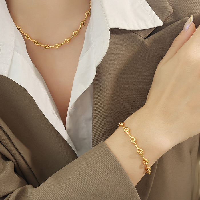 U-Link Hook Chain Necklace And Bracelet Set Gold Steel