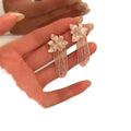 Silver Tone Flower Stud Earrings with Crystal Chain Tassels view 5