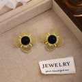 Black Round Center Gold Wire Flower Statement Stud Earrings view 2