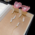 Pink Floral Pearl Chain Tassel Stud Earrings Fashion Jewelry view 6
