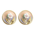 Gold Tone Peach Round Disc White Flower And Green Leaf Stud Earrings view 5
