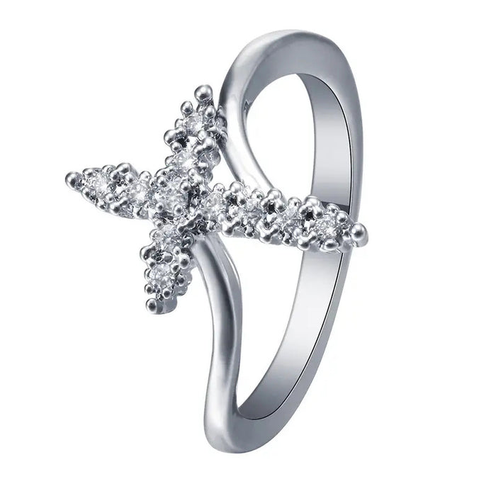 Gold White Metal Clear Zircon Cross Ring Split Band Alloy