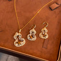 Gold Hollow Gourd Necklace Earrings Tiger Eye Pearl Set view 1