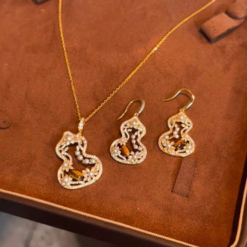 Gold Hollow Gourd Necklace Earrings Tiger Eye Pearl Set